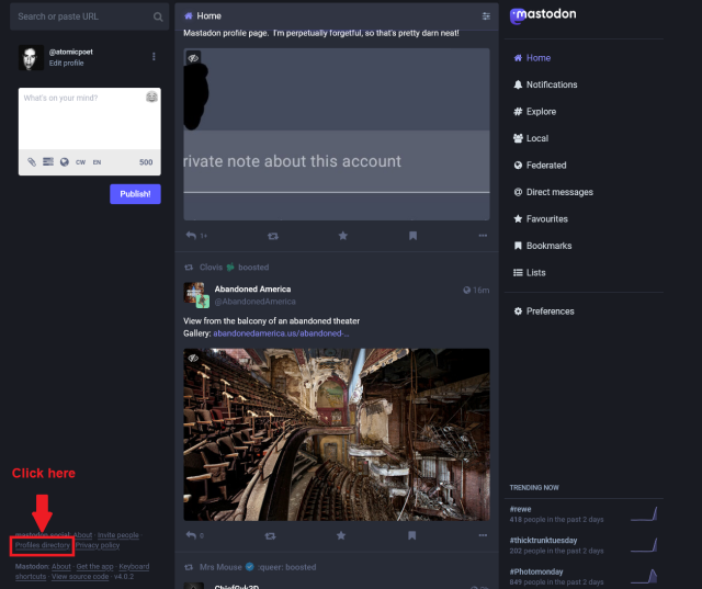 Profiles directory as seen from inside Mastodon's page.