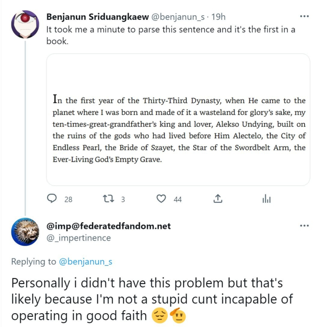 Twitter screenshot where I say I have trouble parsing a sentence in a book. @imp@federatedfandom.net replying to call me a 'stupid cunt'.