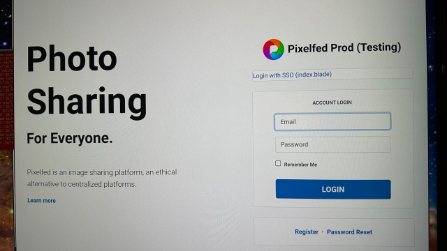 photo of the login screen for Pixelfed with "Login with SSO" displayed