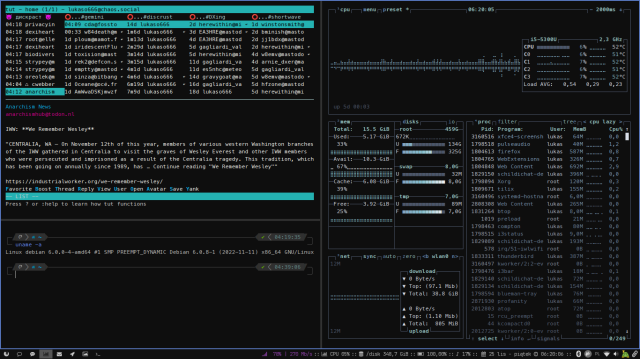 screenshot - my desktop with i3 tiling window manager, with CLI apps, gray-blue color palette