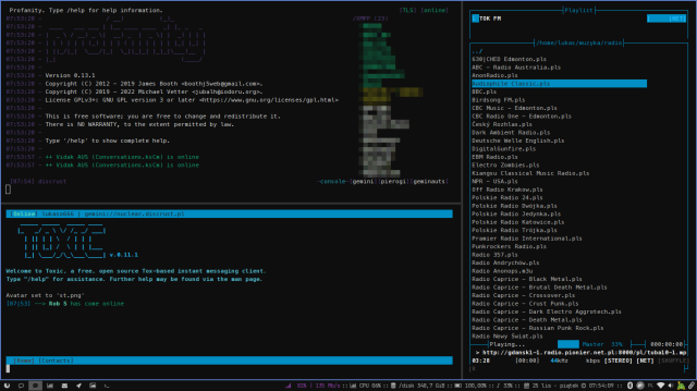 screenshot - my desktop with i3 tiling window manager, with CLI apps, gray-blue color palette