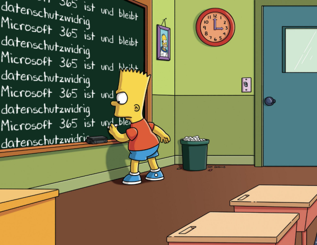 Bart Simpson schreibt an Tafel: "Microsoft 365 ist und bleibt datenschutzwidrig"