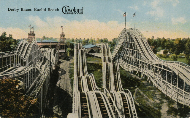 Euclid Beach Amusement Park in Cleveland. Image is an antique postcard that shows several old wooden rollercoasters.