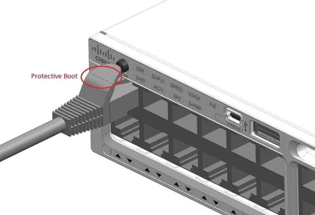 3D drawing of a Cisco network switch indicating a design flaw. The mode button on the front of the switch is placed directly above an RJ45 port. When a cable is plugged in, the lip of the protective boot (strain relief) that covers the retaining clip on the RJ45 connector presses the button.