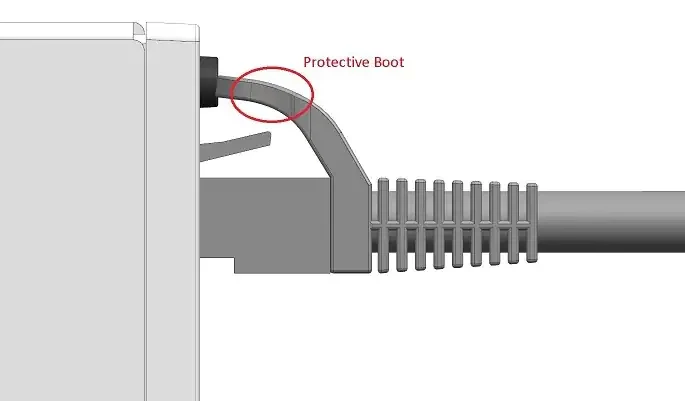 Side on drawing of a Cisco network switch indicating a design flaw. The protective boot on the RJ45 connector is pressing the mode button above the port.