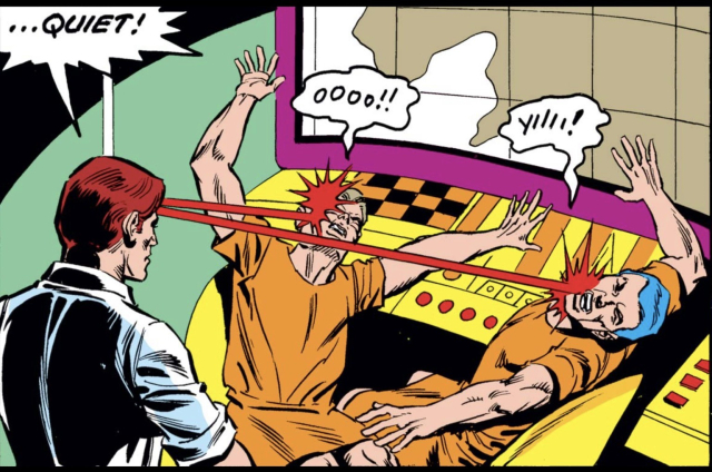 Man shoots two beams from his head says, “…quiet.” And hits two people in the head, making them cry out in pain.