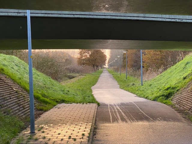 A cycle path with a sidewalk under a bridge. The sidewalk ends at the end of a bridge and replaced by just lawn.