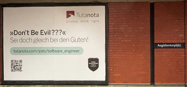 Billboard for Tutanota jobs in a tube station, Hanover Aegidientorplatz.