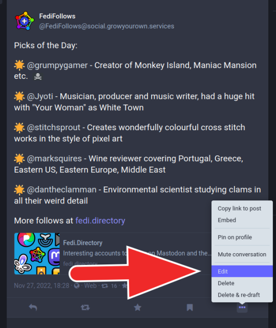 Screenshot of Mastodon post viewed through the website interface with Edit button highlighted.