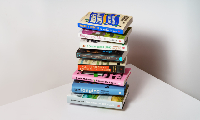 A pile of our books (again floating in front of a white background). They include work by Val McDermid, Travis Alabanza, Rebecca Donner, Ambrose Parry and more. There are 8 books in the pile, hardback and paperback.