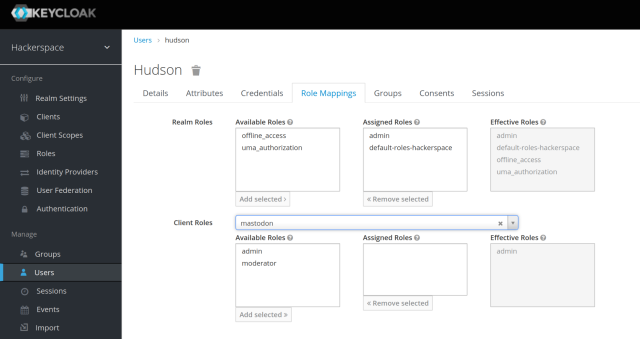 keycloak settings screen showing effective role of admin for the mastodon client scope