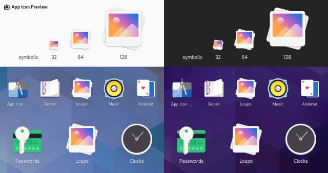 Screenshot of App Icon Preview, showing an icon for an image viewer app next to some other app icons. The image viewer icon consists of two Polaroids stacked on one other, one of which is slightly tilted. The top polaroid has an orange-violet-blue gradient in the background, and some transparent landscape-looking shapes in the foreground.