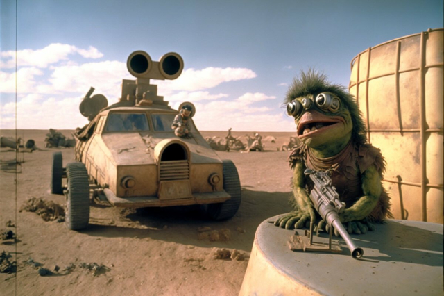 A green muppet with a sniper rifle stands guard next to a heavily modified car