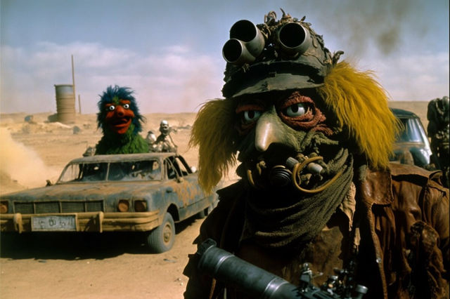 A gruff beaked muppet, well-protected against sand and wind, gazes into the middle distance. A large red muppet sticks their head out of a beaten-up car