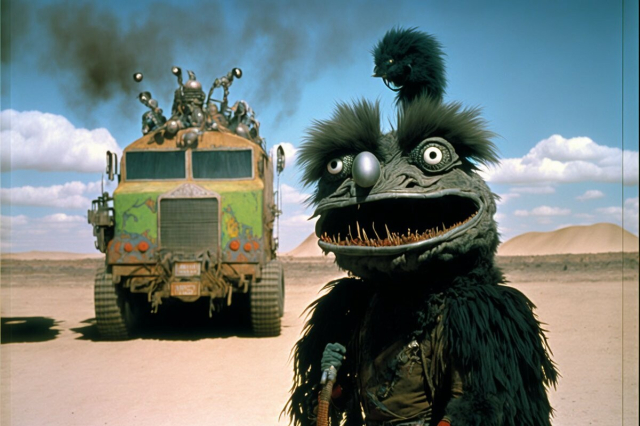 A muppet opens its mouth, revealing small sharp teeth, behind it is a green truck