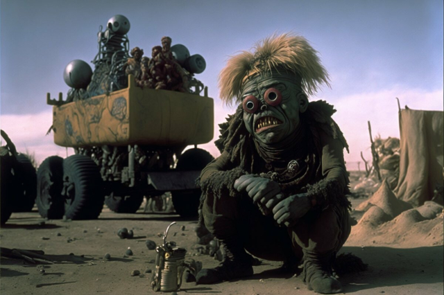 A dejected-looking muppet with spiky hair sits on the ground, behind it is a trailer on fat tires loaded with unknown objects