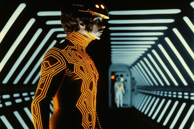 A man in a tight shirt/top covered in glowing orange lines in super satisfying patterns, standing in front of a futuristic hexagonal tunnel lit from all sides