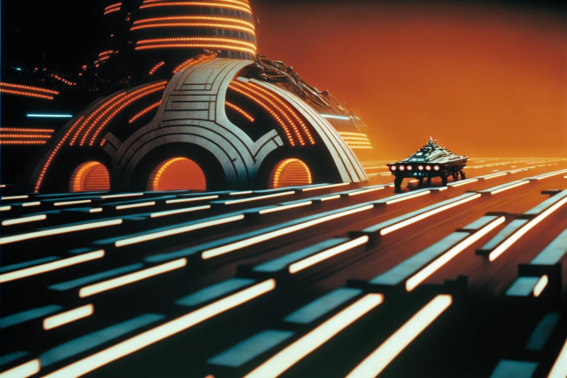 A weird tank-y looking car moving through a super futuristic looking … road? Maybe? It's really hard to tell, mostly it's just extreme 70s vibes, both via the rounded shapes, and the orange lights and background everywhere