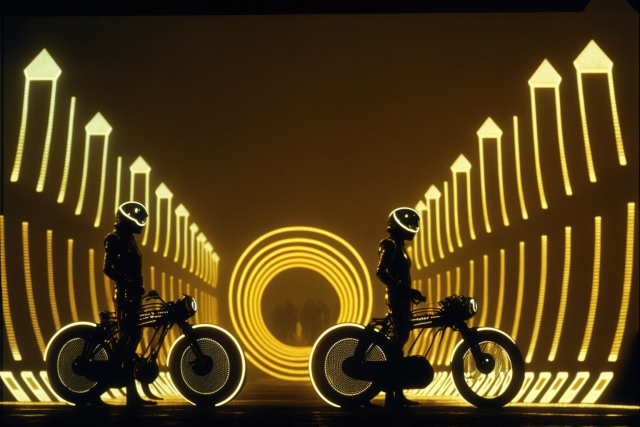 Two people standing with their futuristic bikes, only visible as black silhouettes with partially lit helmets. The bikes as well as the tunnel in the background are glowing in yellow
