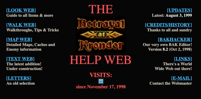 A screenshot of the Betrayal at Krondor Help Web website index page. It shows links to various areas of the website, including Walkthroughs, Maps and Letters.