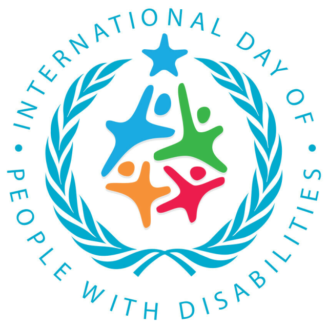 Logo for International Day of People With Disabilities, with its name in blue encircling a blue wreath, with 4 people (blue, green, red, orange) in the center reaching for a blue star.