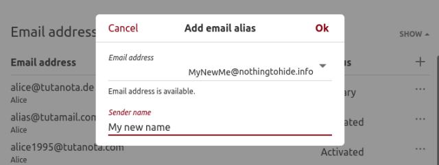Screenshot of the alias section in the Tutanota mailbox.
