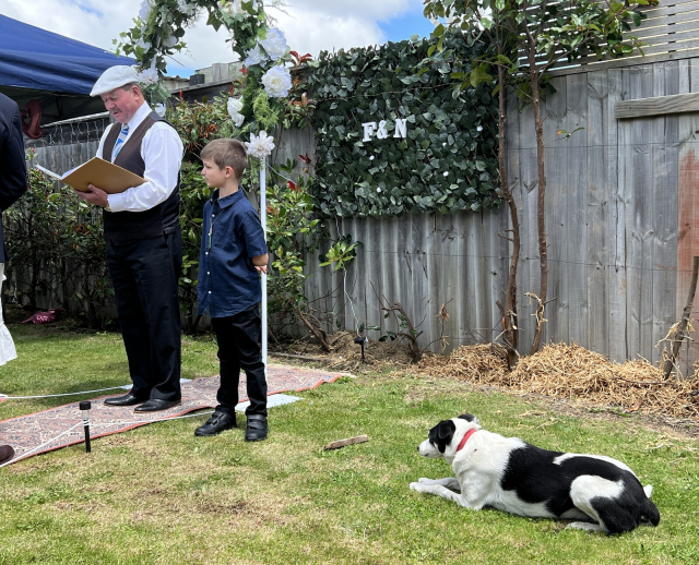 Wedding celebrant reading marriage vows from a folder, beside a small neatly dressed boy. A black and white dog lies a few feet away, staring intently at a stick it has deposited on the grass which it very much desires somebody to throw.