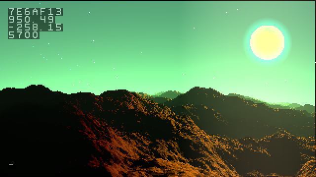 a screenshot of a landscape in red-orange. the sky is sea green. the sun is visible in the upper right.
