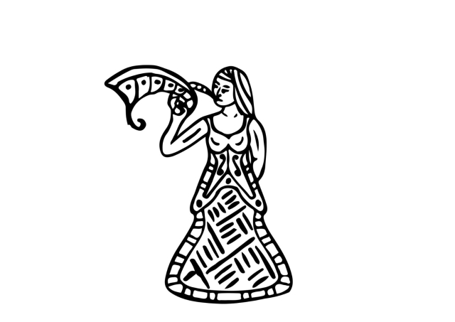 A Drawing I made of Hrethe. Holding a great Horn, signalling the coming of her sister Eostre (In the early medieval style)