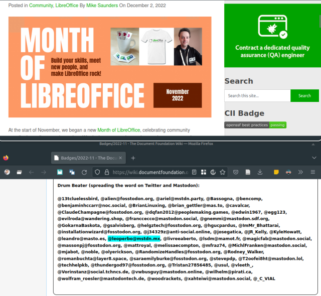 "Month of LibreOffice" contest from november 2022.

"Drum Beater" list with @leoperbo@mstdn.mx highlighted.