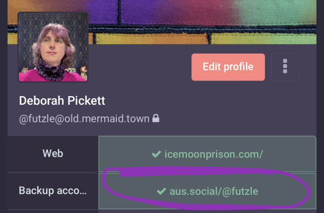 Metadata in my profile: Backup account: along with a green tick next to the other account URL. 