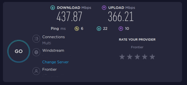 Screen capture from Speedtest, showing  bandwidth from our new internet service. 
 Download 437.87 Mbps ; Upload 366.21 Mbps