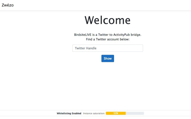 Image shows a Twitter handle search form automatically creating a mirrored Mastodon bot account upon hitting enter, if the respectiv Twitter handle exists. On th botoom it mentions "whitlisting enabled" there, which might indicate the bypassing of necessary authorizing procedures by original Twitter profile owners (that's a guess, though).