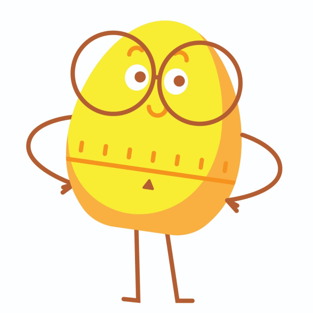 Meggy-Eggy is a bright yellow timer in the shape of an egg. She wears glasses, and has a series of hashmarks indicative of numbers around her waist. With hands on her hips, she smiles.