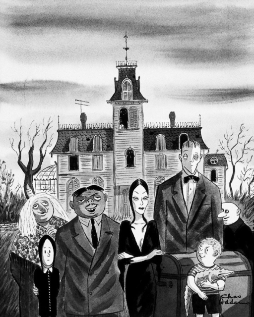 Ilustración en blanco y negro de las tiras de prensa originales de La Familia Addams en torno a 1938. 

De izquierda a derecha podemos ver a la Abuela Addams, Miércoles, Gómez, Morticia, Lurch, Pugsley y Fétido, con la mansión familiar al fondo rodeada por árboles retorcidos sobre un cielo gris y nuboso.