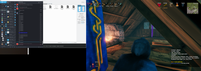 Screenshot of Nheko and Valheim running side by side showing chat messages flowing neatly in both directions.