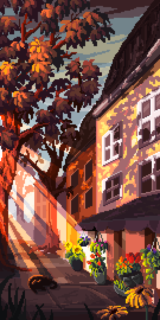 Pixel art drawing of an urban autumn scene with a sunbathing cat in front of a flower shop