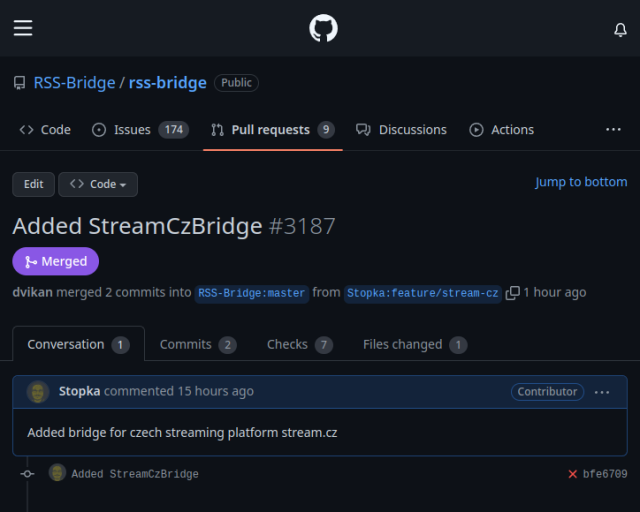A pull request adding stream.cz support to RSS Bridge