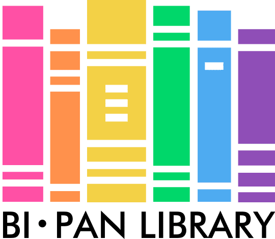 A selection of rainbow colored books with the logo "Bi Pan Library" underneath.