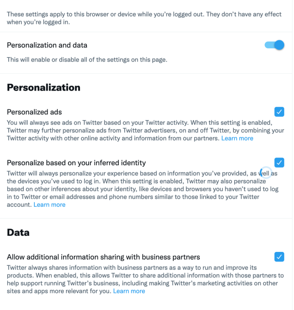 screenshot of the screen presented to me after I deactivated my account, which gives me the option to turn off personalized ads, personalization based on my inferred identity, and information sharing with their business partners. all of the controls are frozen, so I can't actually disable anything, and there is a little loading widget spinning forever