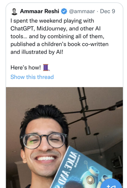 A screenshot of a tweet by someone named Ammaar Reshi, showing off a ‘children’s book’ he made in a weekend using AI tools.