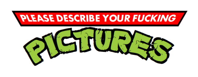 In the style of the "Teenage Mutant Ninja Turtles" logo: 
Please Describe Your Fucking
PICTURES
