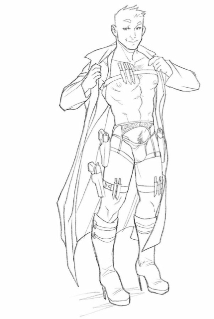 Digital pencil drawing of a beefcake wearing lingerie, boots, and a trenchcoat, but the lingerie has guns and knives and other weaponry strapped on it
