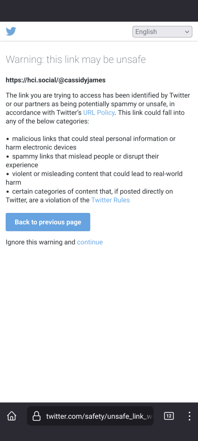 Screenshot of a Twitter link block claiming hci.social is potentially unsafe