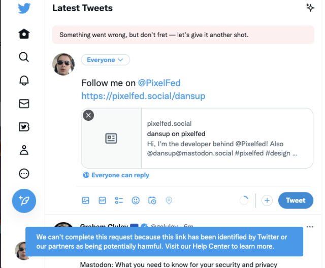 Twitter screenshot showing a warning about a potentially harmful link to a pixelfed account