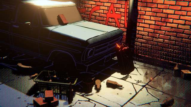 A stylized, comic-booky scene of a car in a dirty alley.