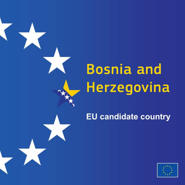 Half of a circle of white stars over a blue background. One of the stars is coloured with the flag of Bosnia and Herzegovina. Next to it, the text reads "Bosnia and Herzegovina. EU candidate country". The flag of Europe is visible on the bottom right corner.