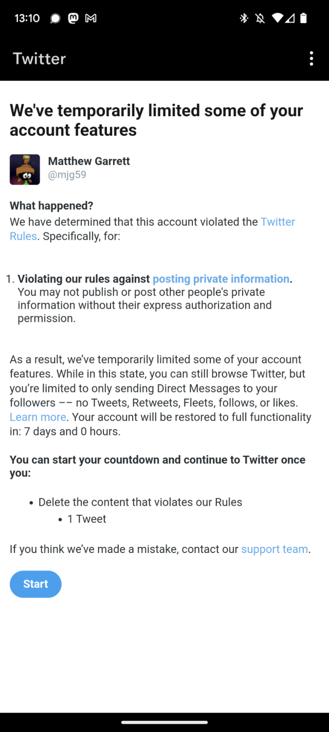 A screenshot of a Twitter dialog informing me that my account has been locked for posting private information and will be unlocked in 7 days if I delete a specified tweet