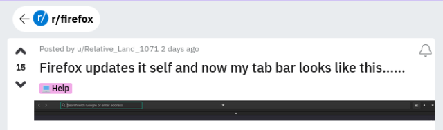 Screenshot of Reddit post titled "Firefox updates it self and now my tab bar looks like this......"
