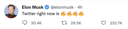 Elon Musk on Twitter saying "Twitter right now is with 4 fire emojis"